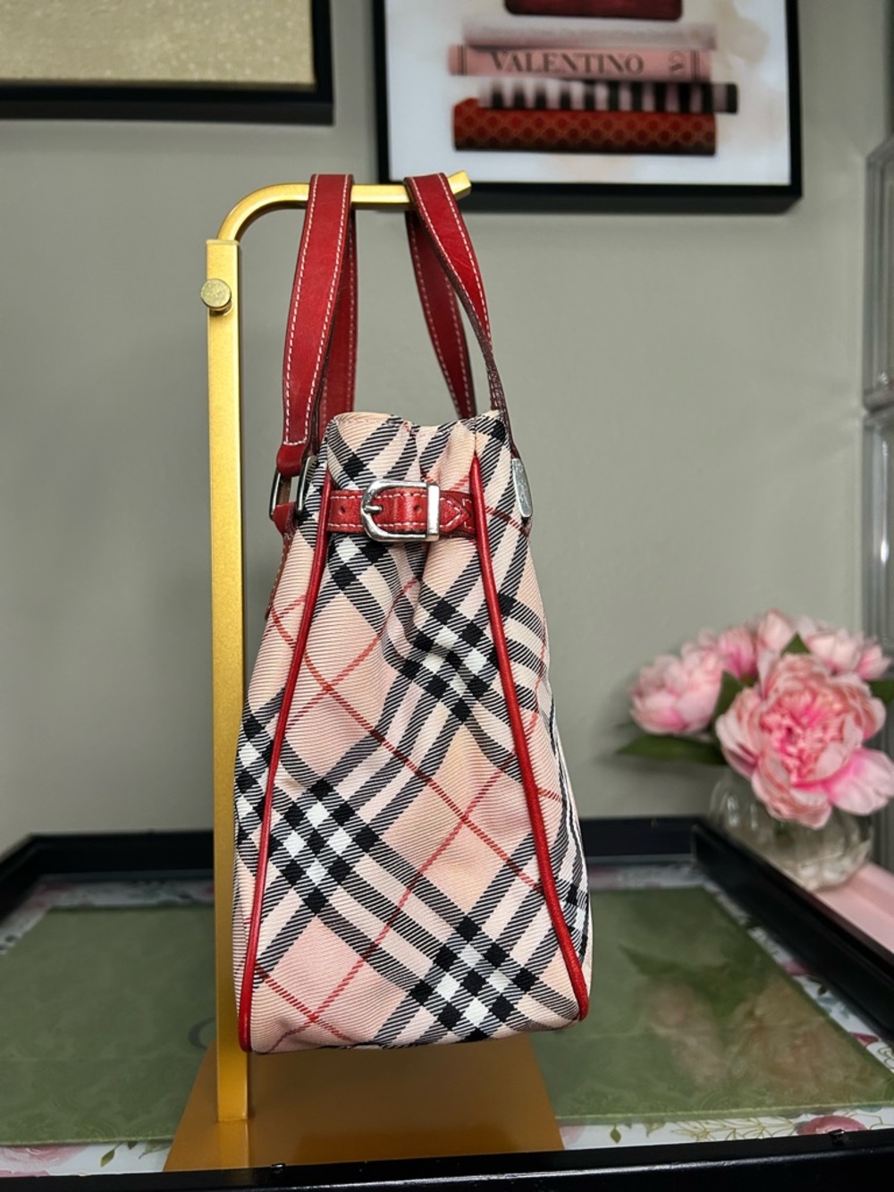 Vintage Burberry Nova Check Tote Bag Red Leather Trim Beige Plaid Shoulder Bag - Picture 4 of 13